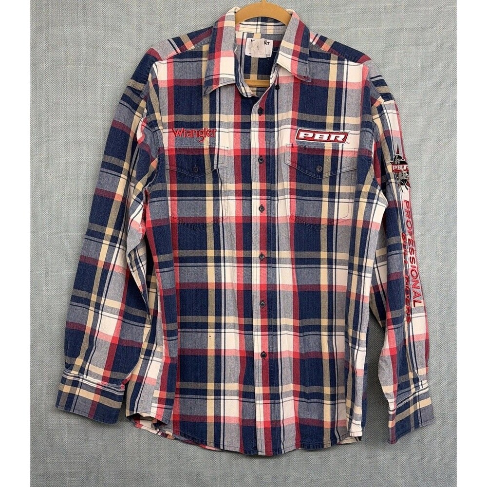 Wrangler PBR Shirt Mens 2XL Long Sleeve Plaid Button-Up Red/White/Blue C Descrip